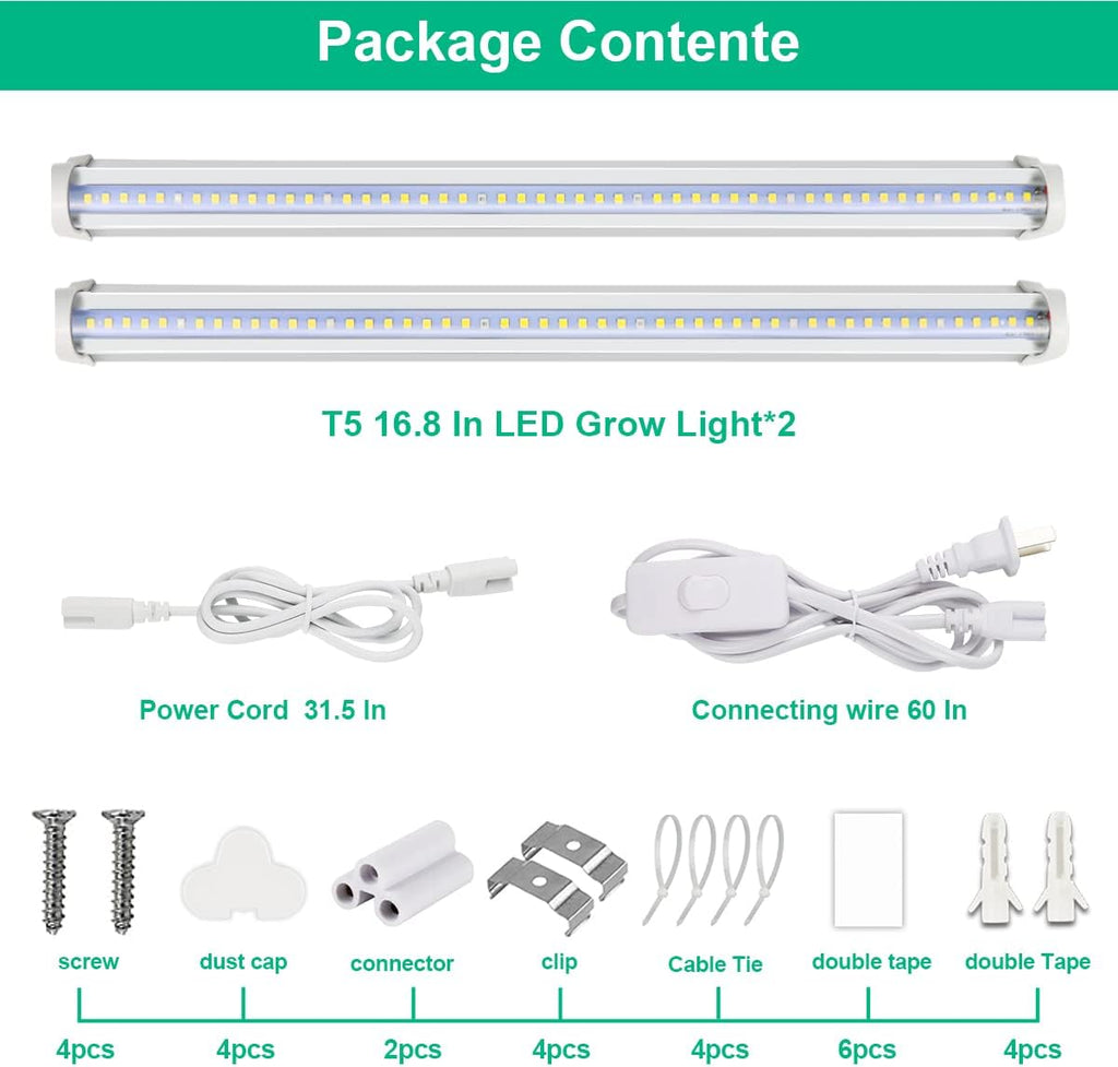 T5 Grow Lights 5000K Full Spectrum,1.4FT (2pcs x 10 Watts) Plant Growing Lamp,End-to-End Connectable Led Light Strips for Indoor Plants Succulents Flowers Growing