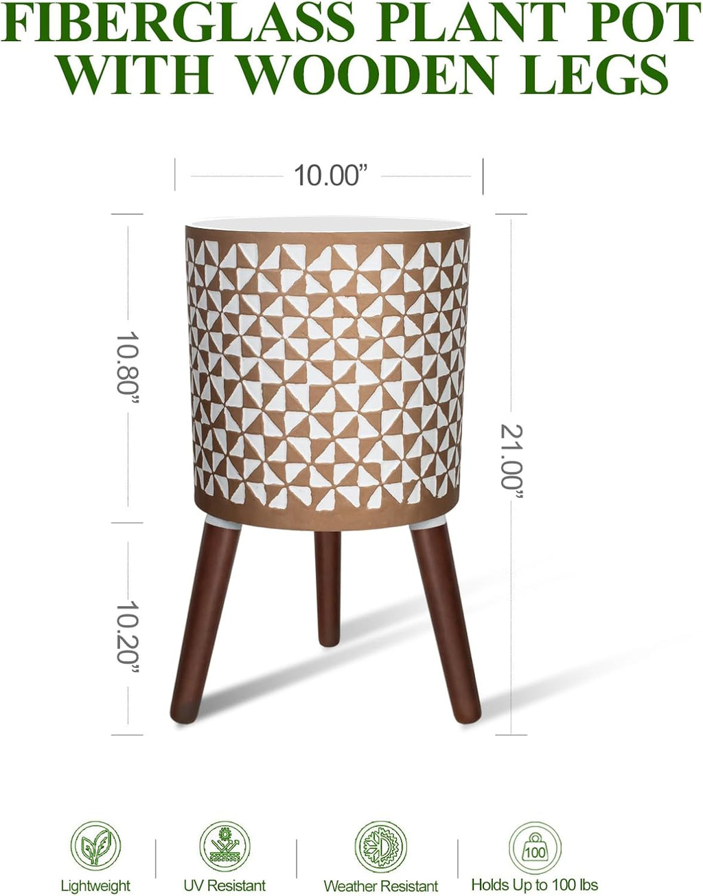 10 Inches Plant Pots with Wood Stand Large Modern Standing Planters for Indoor Mid Century Flower Pot with Drainage Holes Big White & Gold Planters for Living Room, Office, Garden or Balcony