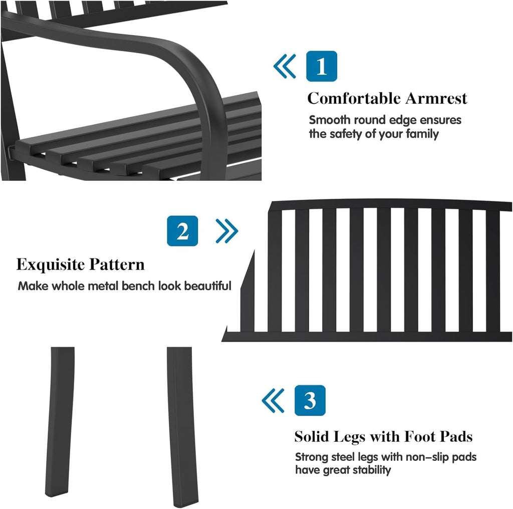 On Shine 50'' Outdoor Bench Weatherproof, Cast Iron All Metal Frame Garden Bench, Anti-Rust Patio Park Bench Clearance for Front Porch, Yard, Lawn, Deck