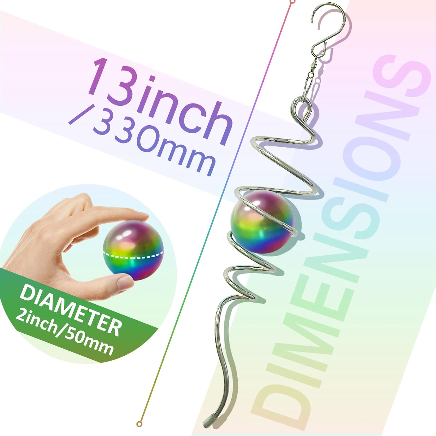Gazing Ball Spiral Tail,Wind Spinners Stabilizer with Multi Colors Orb,Wind Spinner Tail Visual Illusion in Spinning,Hanging Rotating Art Decor,Indoor Outdoor Garden Decoration-13in