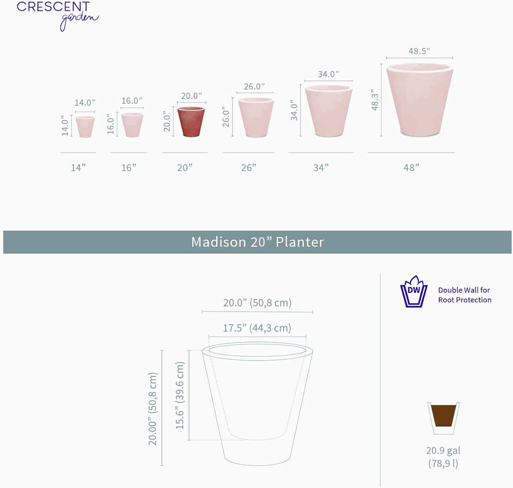 Crescent Garden Madison Planter– Weather-Resistant, Double Walled Indoor/Outdoor Plant Pot with Drain Hole – Durable All-Season Flower Container, 20" W (Cloud White)