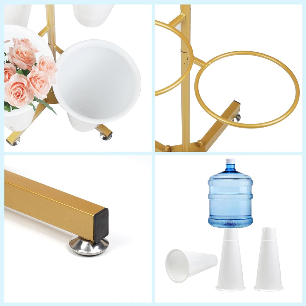 Flower Display Stand with 4 Bucket,Floral Stand with Foldable Frame for Silk Fresh Flowers,4 Tier Florist Shelf Plant Cart for flower shop Garden Living Room,Easy to Install (Gold Shelf+ White Bucket)