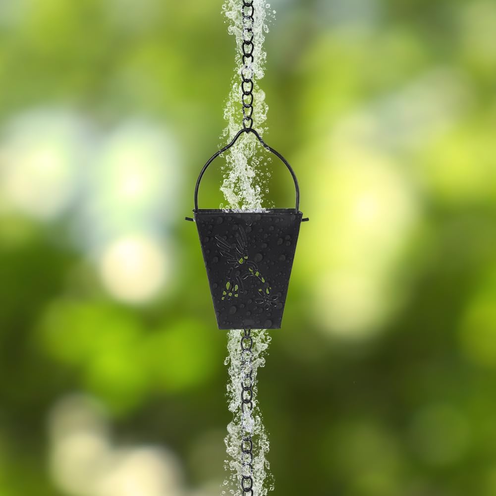 10.92 FT Black Rain Chain, Square Rain Chain for Outside with 12 Cups Adjustable Metal Chain Rain Catcher Chain for Gutters, Eaves, Drainage, Replacement for Downpout