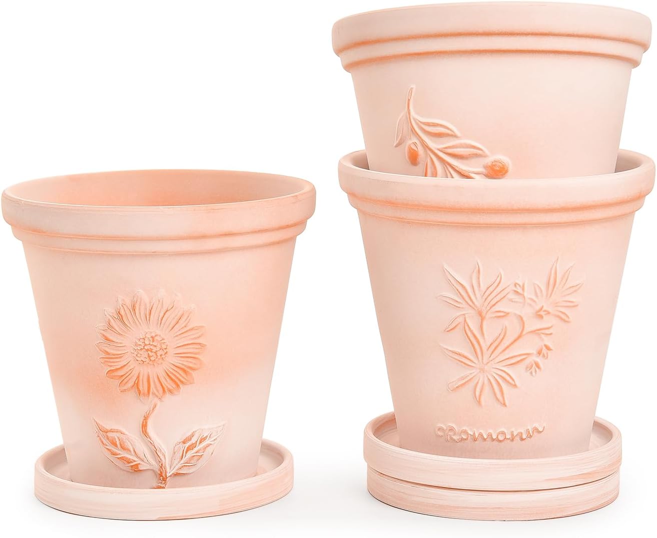 Sungmor Set of 3 Terra Cotta Pots with Saucer & Drainage Hole, 8 Inch Large & Deep Clay Pots, Unique Embossed & Pretty Color Pottery Planters for Plants Orchid Cactus Succulent