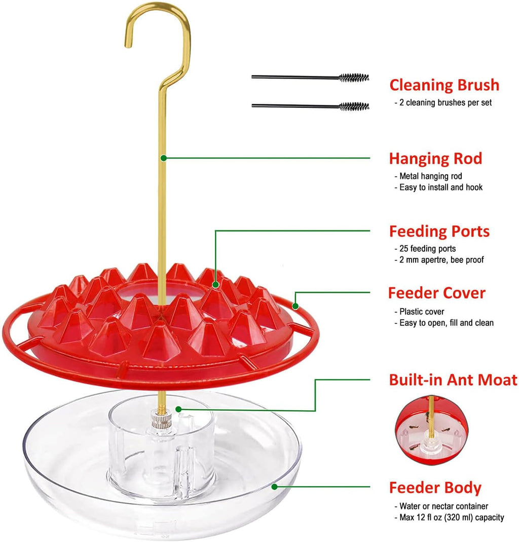 Hummingbird Feeders for Outdoors Hanging - 25 Feeding Ports 10 oz Plastic Hummingbird Feeder, Bee-Proof Leak-Proof No Drip, Easy to Clean with Cleaning Brushes