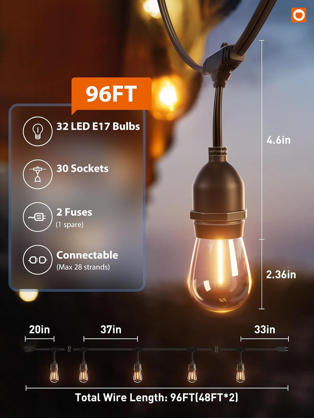 addlon 96FT(48FT*2) LED Outdoor String Lights with Edison Shatterproof Bulbs Commercial Grade Patio Cafe Light, ETL Listed Weatherproof Strand 30 Hanging Sockets for Bistro Backyard