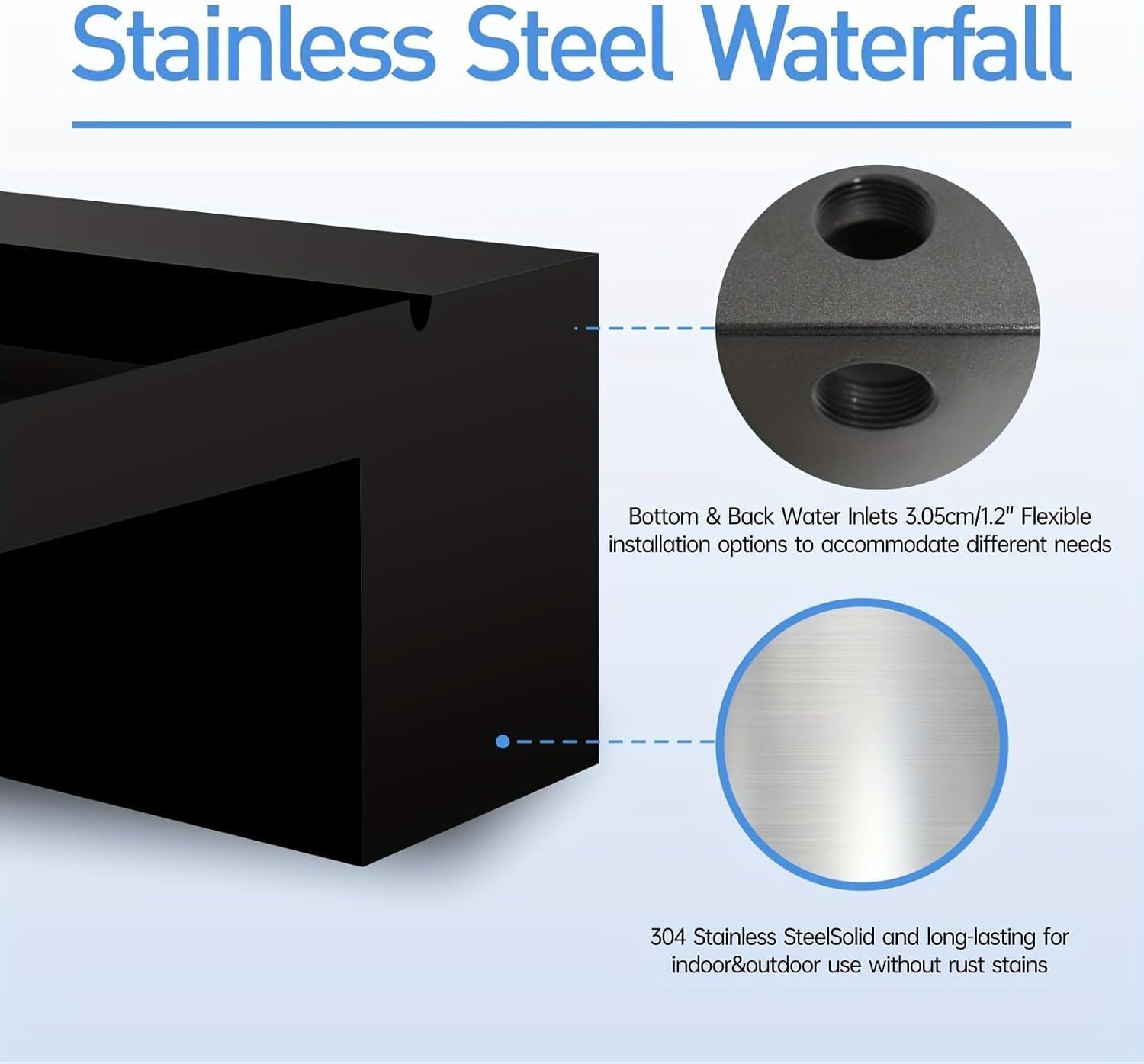 Pool Fountain Stainless Steel Pond Waterfall Spillway Kits for Indoor/Outdoor Decorative, 24 Inches Black Pool Water Feature for Garden Patio, Backyard Koi Pond Decor(No LED Light)