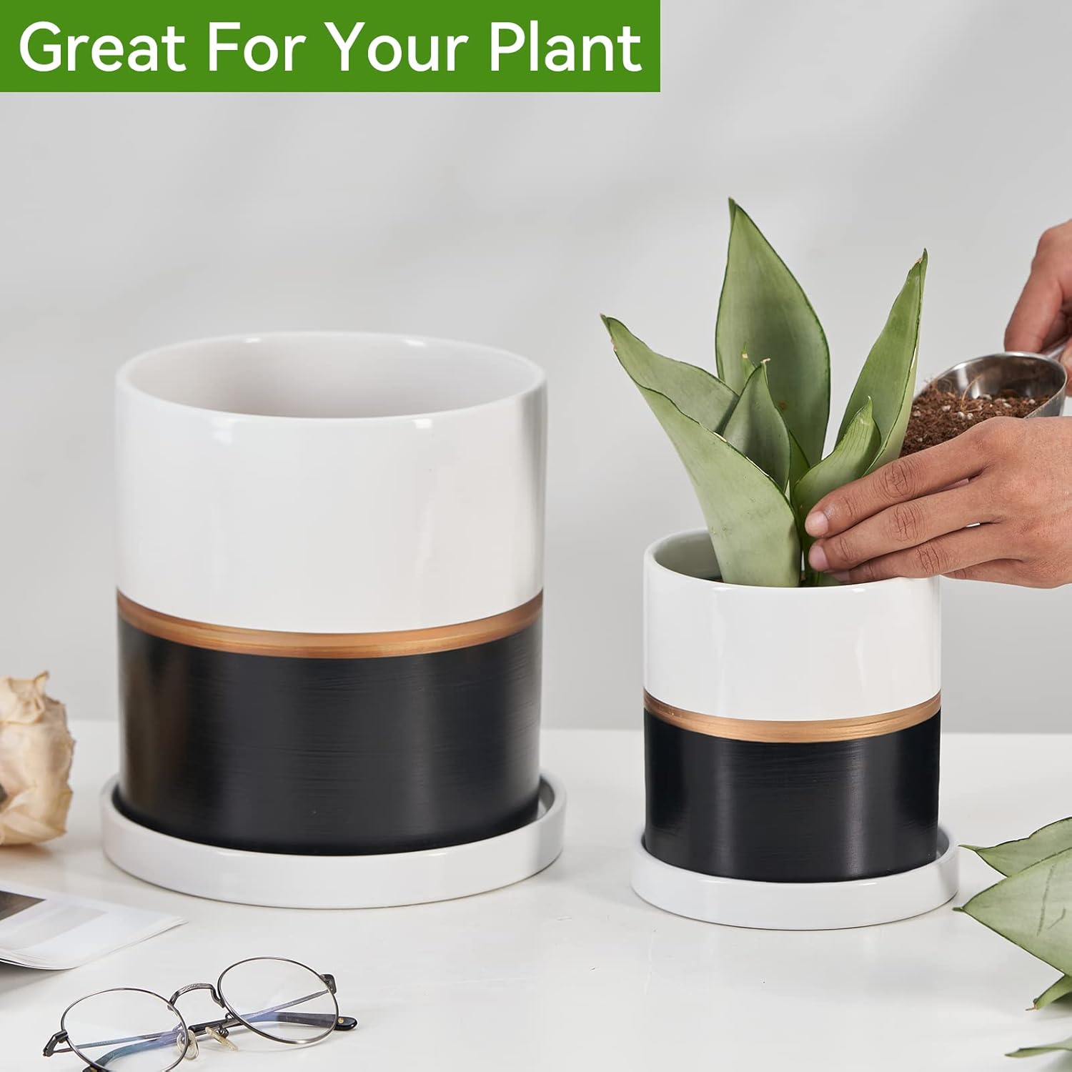 Ekirlin 6 inch Plant Pot - Ceramic Flower Planters Indoor - Modern Succulents Containers with Drain Hole Saucer, Decorate Home, Office & Outdoor (Black)