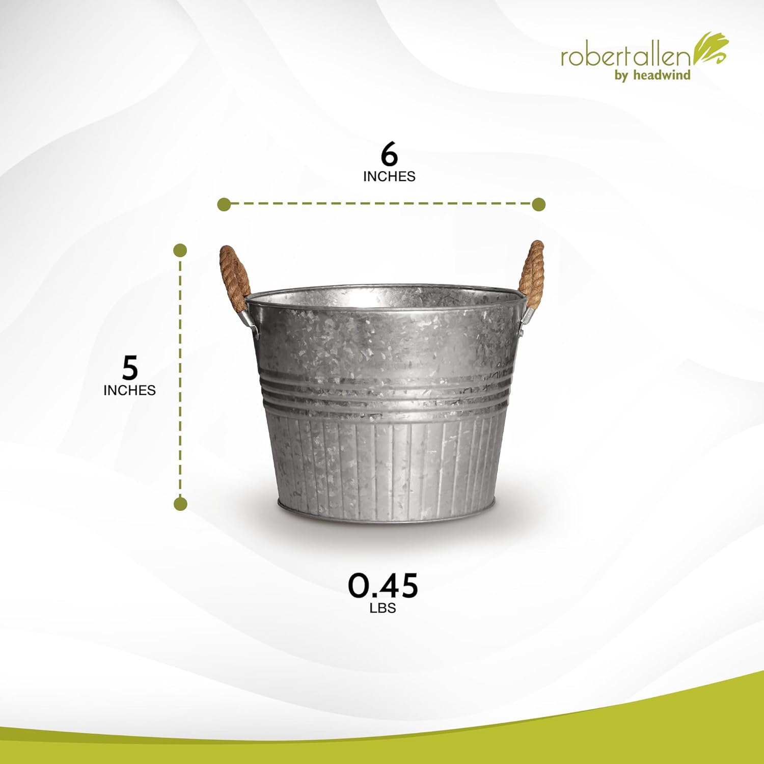 Headwind Round Galvanized Bucket w/Rope Handles – 6 Inch Metal Tub Bucket Planter for Outdoor Plants with Drainage Hole – Galvanized Large Outdoor Planters Buckets by Robert Allen