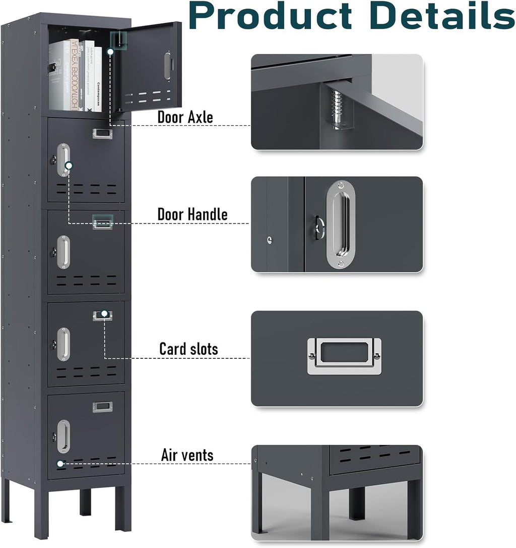 Metal Lockers - 66" Height Steel Lockers for Employees with 5 Door Storage Locker with Card Slot for Employees Gym School Home Office Garage - Assembly Required