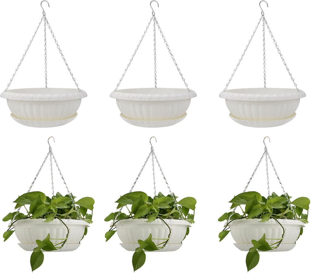 10.63in Hanging Planter Pots for Outdoor and Indoor Plants Flowers with Drainage Hole Tray Hooks Plastic Plant Baskets for Garden Home Porch (White, Pack of 6)