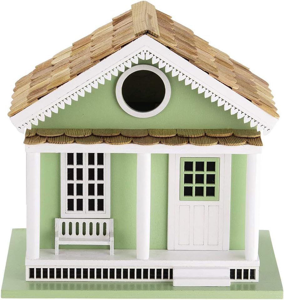 Decorative Wooden Birdhouse for Outdoor Hanging – Handcrafted Miniature Cottage Style with Blue Roof, Front Porch, and Balcony – Garden or Backyard Décor for Wild Birds (Green Lake House)