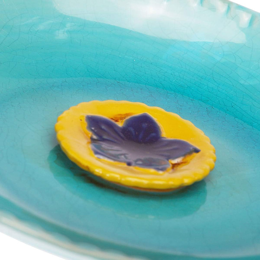 Topadorn Birdbath Ceramic Bowl Decor for Bee Bird Bath Outdoor Garden Vintage Yard,Blue with Yellow Flower