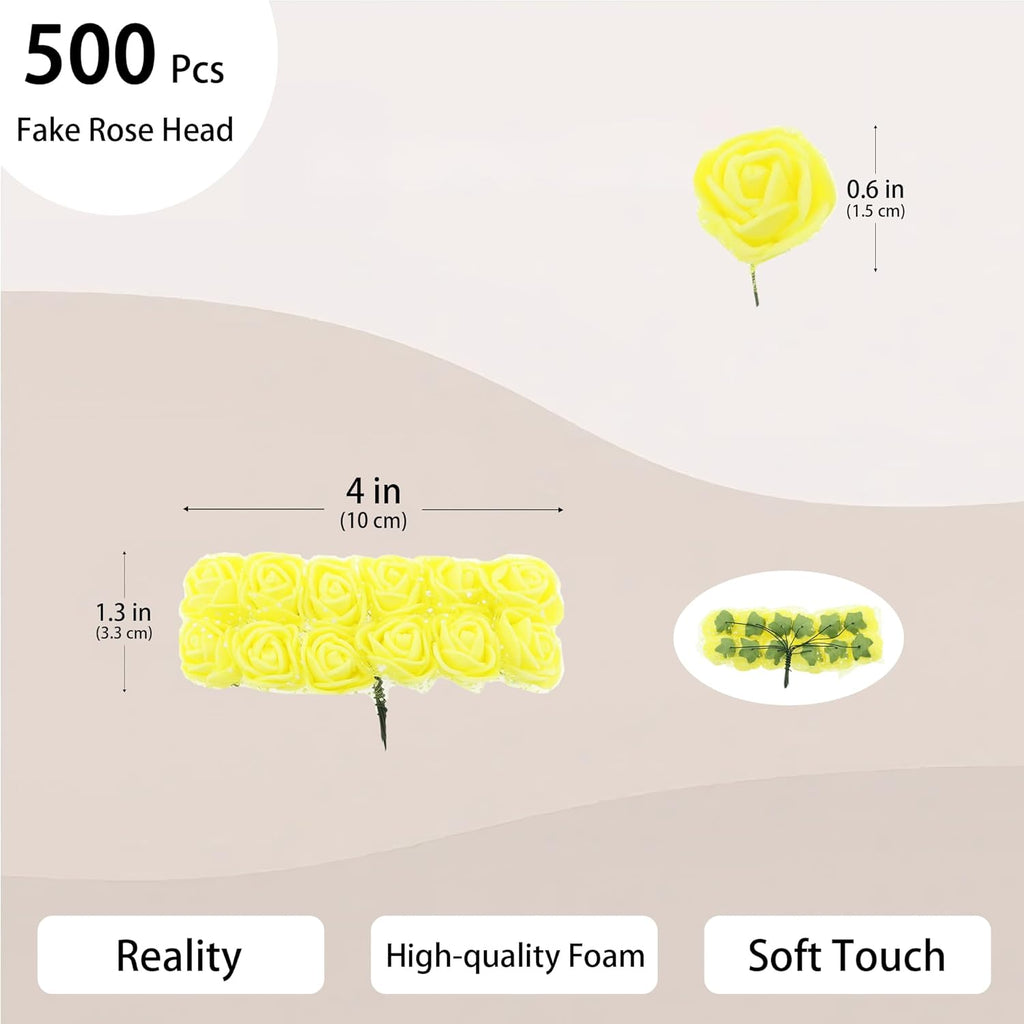 500 Pcs 0.6 Inch Mini Artificial Flowers Head Bulk 5 in 1 Set Faux Foam Fake Small Rose Tiny Baby Flores Bouquet Wreath Gift Hair Clip Home Decoration DIY Craft (Yellow)