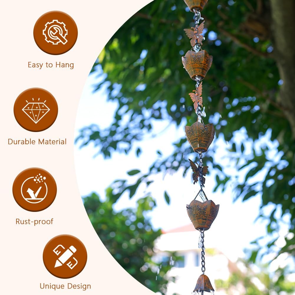 9.2FT Rain Chain for Outside, Rain Chain with 12 Butterfly Cups Adjustable Rain Chains for Gutters, Eaves, Drainage, Replacement for Downpout