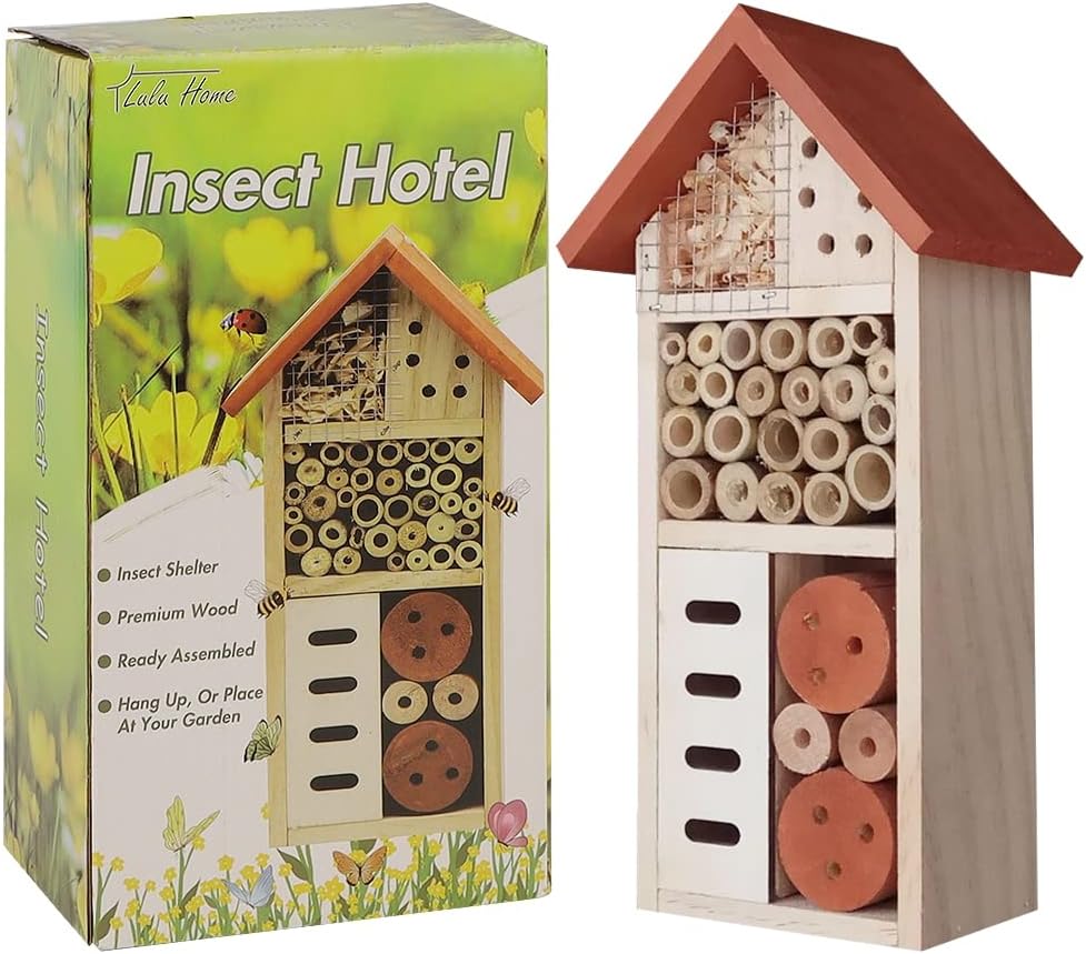 Lulu Home Wooden Insect House, Hanging Insect Hotel for Bee, Butterfly, Ladybirds, Beneficial Insect Habitat, Bug Hotel Garden, 10.4 X 3.4 X 5.4 Inch