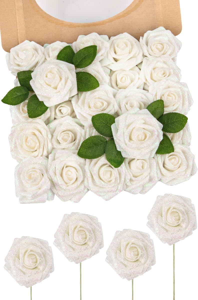 N&T NIETING Artificial Flowers Glowing White Flowers Foam 50pcs Glitter Roses Real Looking Fake Roses with Stem for DIY Wedding Bouquets Centerpieces Bridal Shower Party Home Decorations