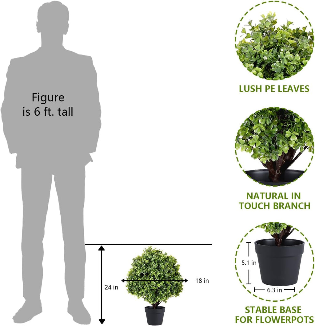 THE BLOOM TIMES 2ft Faux Boxwood Plants Outdoor Set of 2, Topiary Balls Artificial Outside Trees, 24" UV Resistant Fake Greenery Bushes & Shrubs for Front Porch Planter