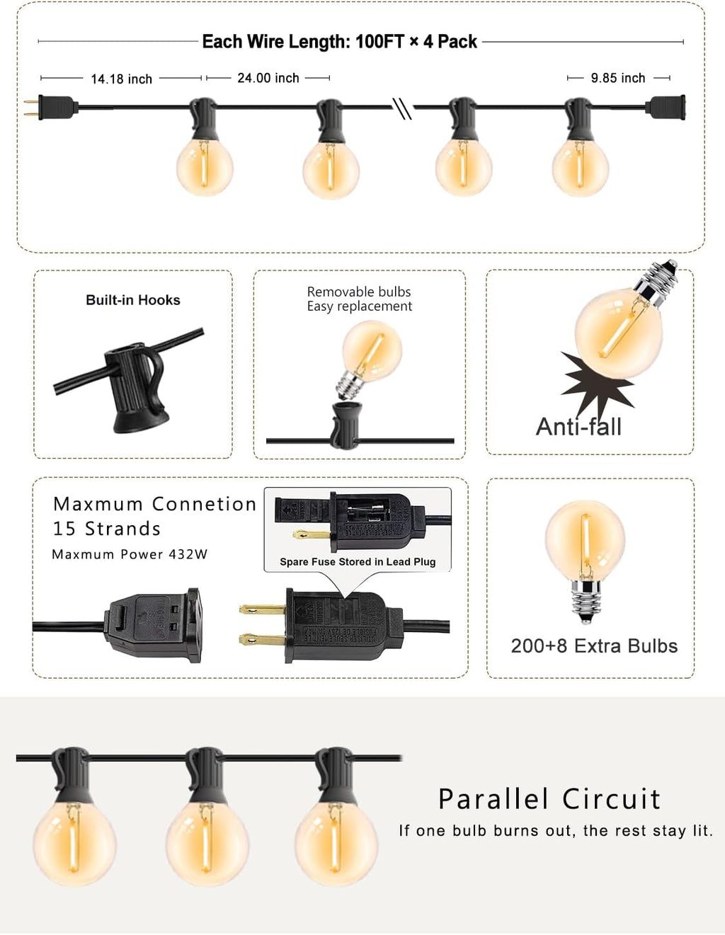 DAMAING Outdoor String Lights 400FT Patio Lights with 208 shatterproof G40 dimmable Globe LED Bulb, Waterproof connectable Outdoor Lighting for Backyard Porch Balcony gazobo, 4-Pack 100FT,Black