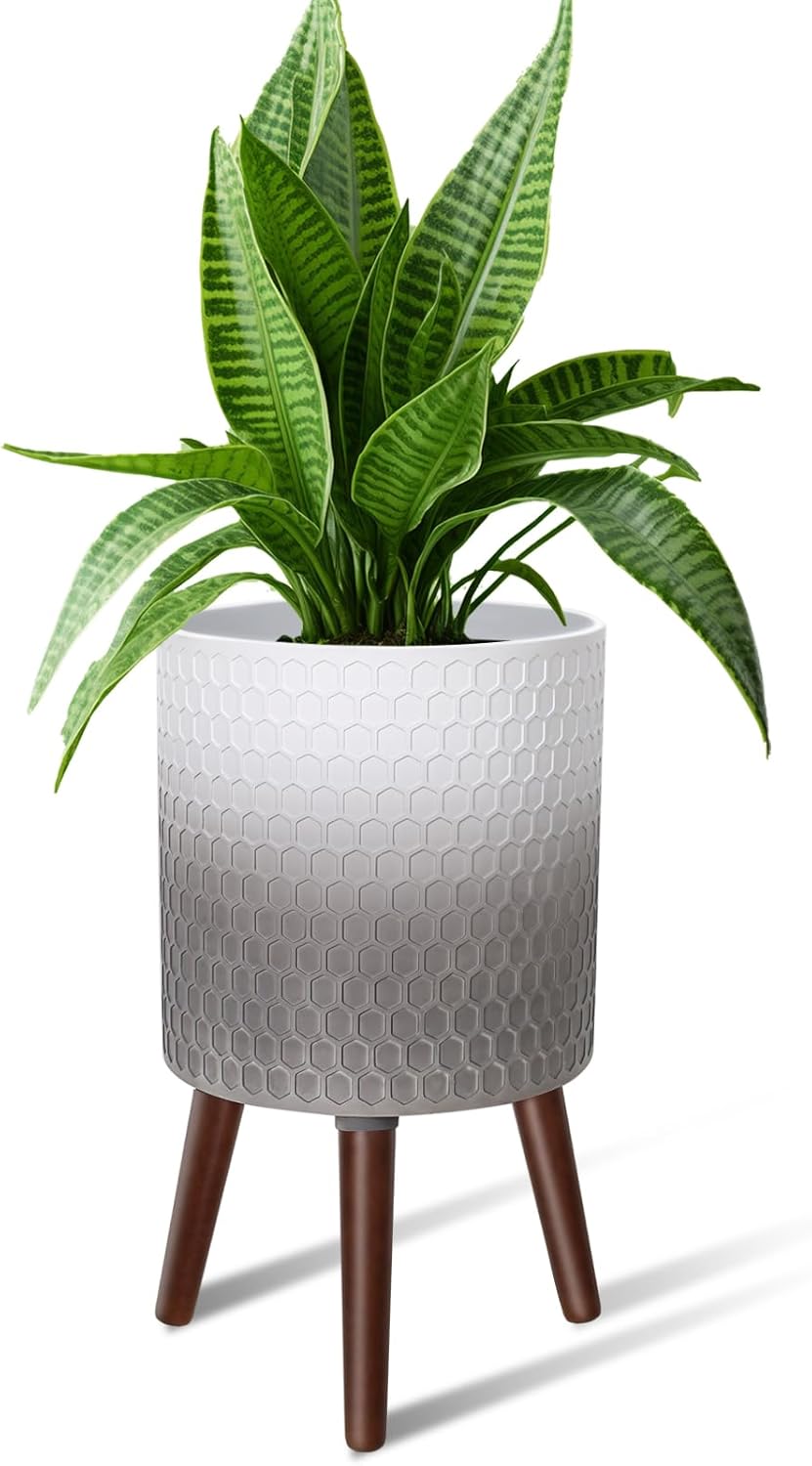 10 Inches Plant Pot with Stand, Large Modern Standing Planters with Drainage Holes for Indoor Plants, White&Gray Flower Pots with Legs