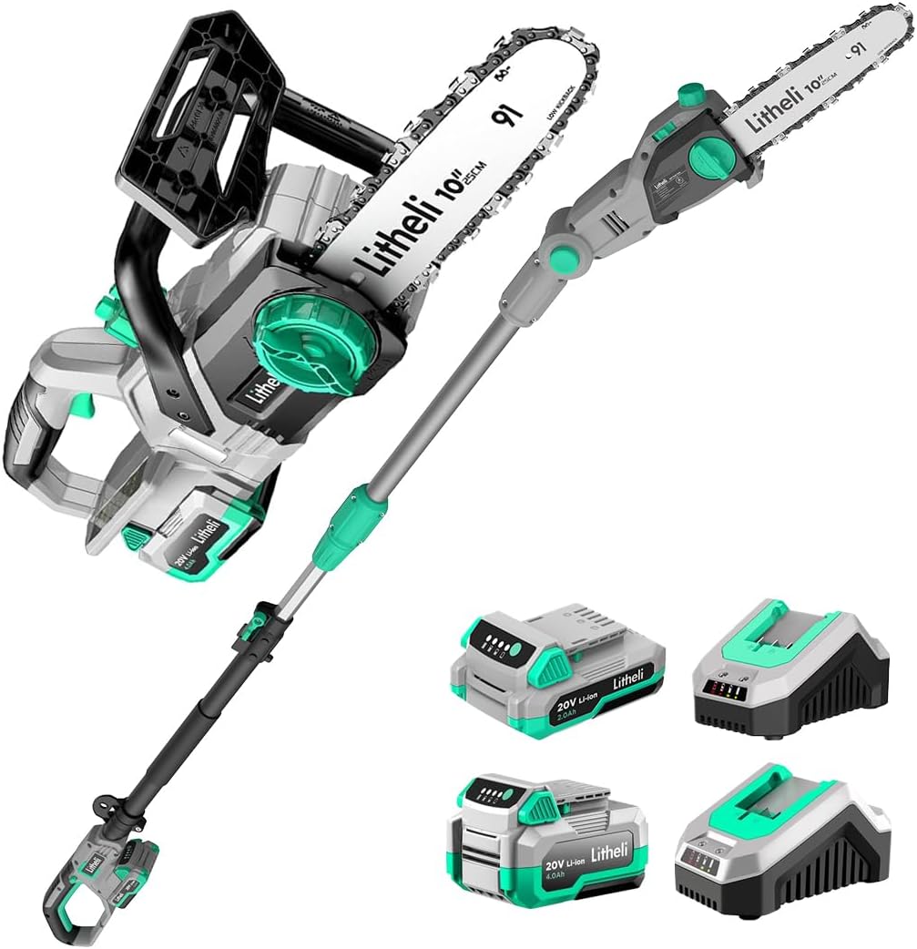 Litheli Cordless Pole Saw & Chainsaw 10-Inch, Battery Powered 20V 2.0Ah Pole Saws & 20V 4.0Ah Chainsaw for Branch, Cutting, Trimming, Electric Saws(Battery & Charger Included)