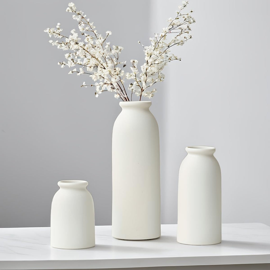 Ceramic Vase Set-3, Small Flower Vases for Decor, Modern Boho Farmhouse Style, Decorative Shelf Vases for Pampas Grass & Dried Flowers, Distressed Finish (White)
