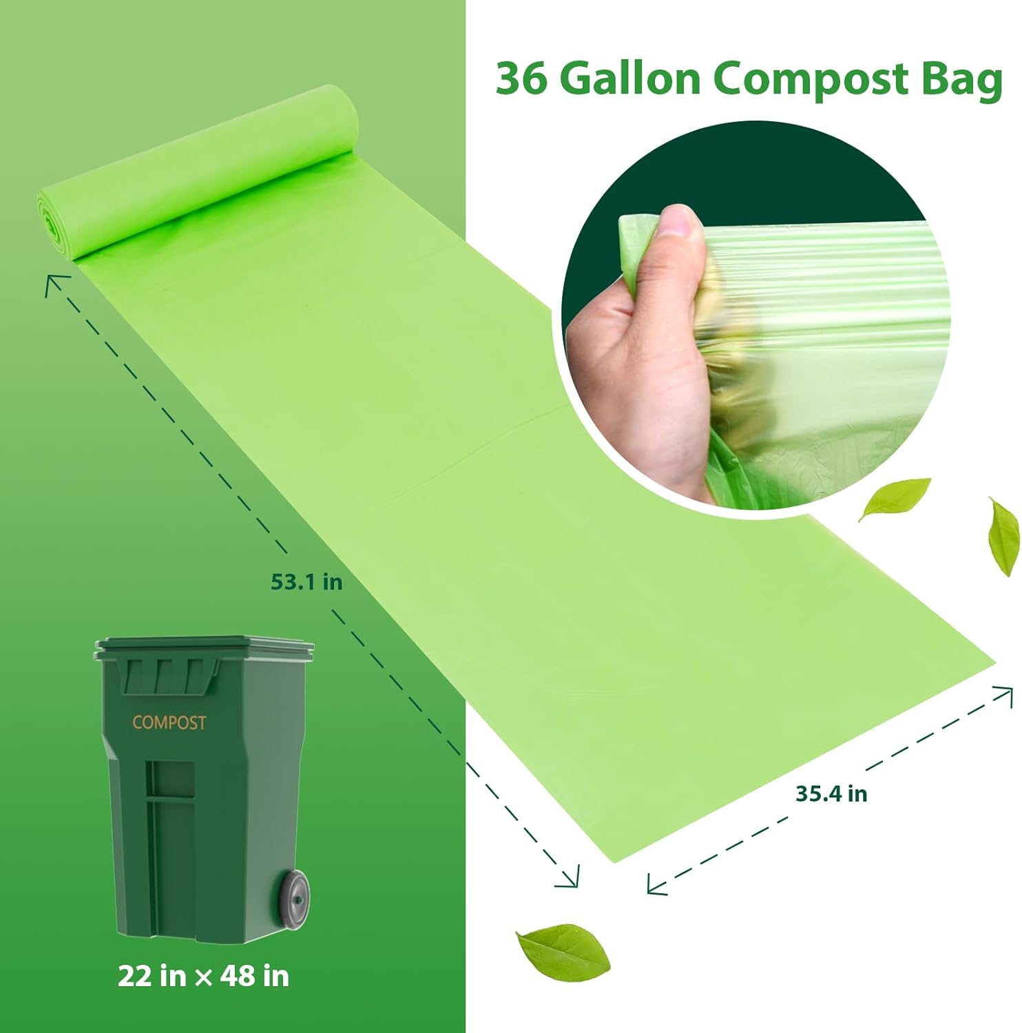 Compostable 36 gallon Trash Bags, Extra Thick 1.28 Mills, Compost 36 Gal Trash Bags (Kitchen Tall Garbage Bags), Compostable Lawn & Leaf Yard Waste bags,ASTM D6400,Bpi Certified