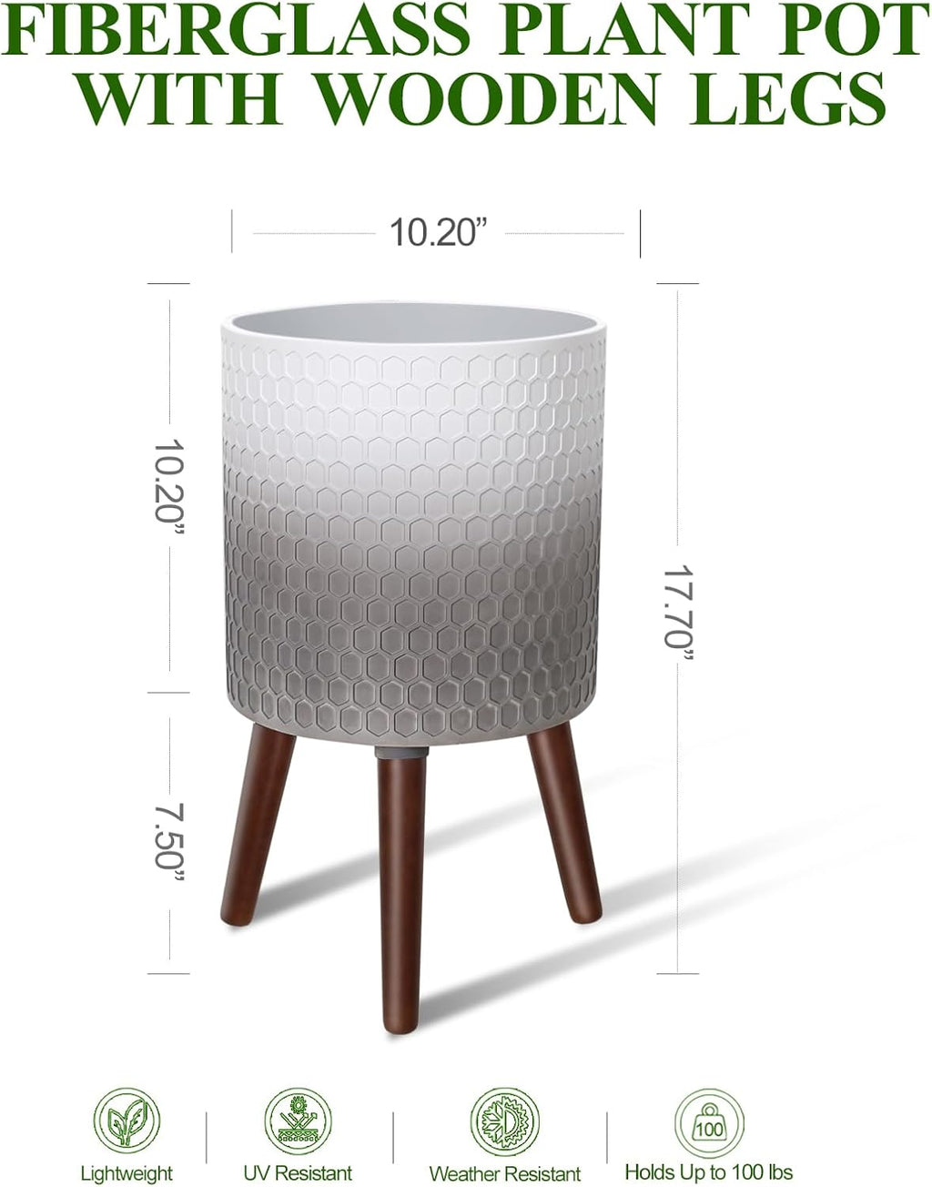 10 Inches Plant Pot with Stand, Large Modern Standing Planters with Drainage Holes for Indoor Plants, White&Gray Flower Pots with Legs