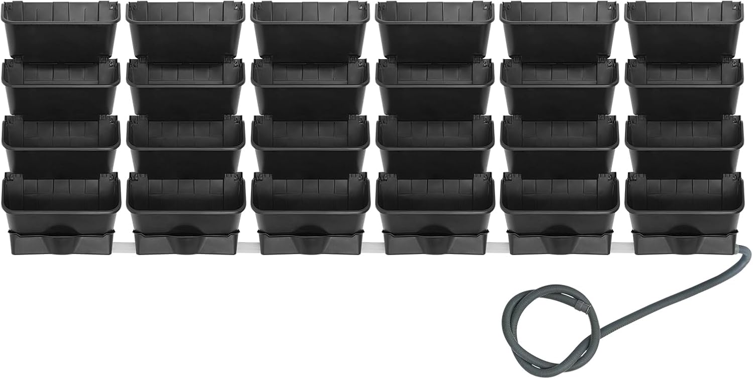 Vertical Wall Planter with 24 Pots, Hanging Garden Plant Flowerpot Holder, Stackable Wall-Mounted Planter, Balcony Planters for Flowers Vegetables Fruits (Black, 24 Pots+6 Drainage Planters&Pipe)