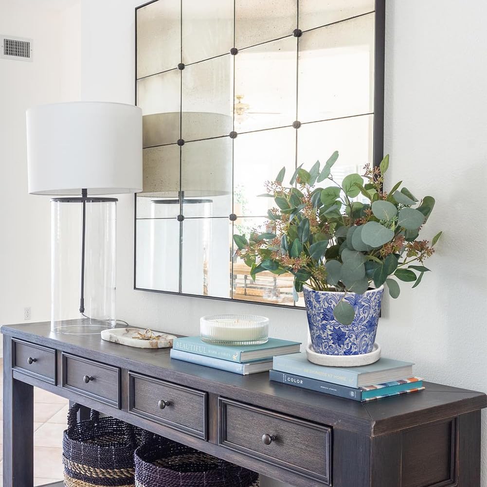 Set of 2 Ceramic Blue and White Plant Pots with Drainage Hole and Saucers, Vintage Farmhouse Accent Planters for Indoor Plants, Round Flower Pots Rustic Succulent Pots Terracotta Tubs 5.7/4.7 Inch