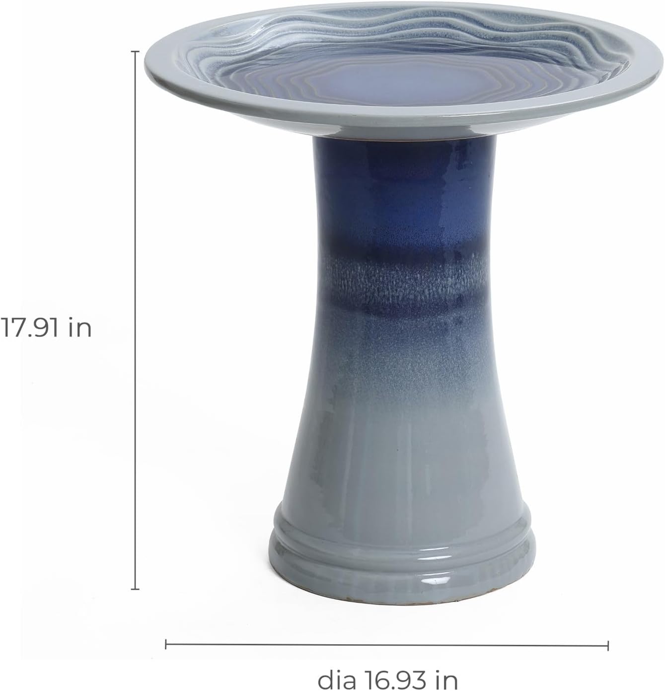 LuxenHome 18 Inch Ceramic Bird Bath for Outside, Elegant Tall Outdoor Bird Bath, Lightweight Pedestal Glazed Birdbaths for Outdoors with Swirl Pattern, Ombre Blue