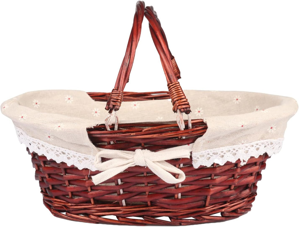 2 Pack Medium Size Wicker Basket with Handle, 12.6x9x4.7 in Wicker Picnic Basket with Liner, Empty Gift Basket, Oval Willow Woven Basket for Fruit, Candy, Wine, Gathering, Wedding, Picnic,by GNIEMCKIN