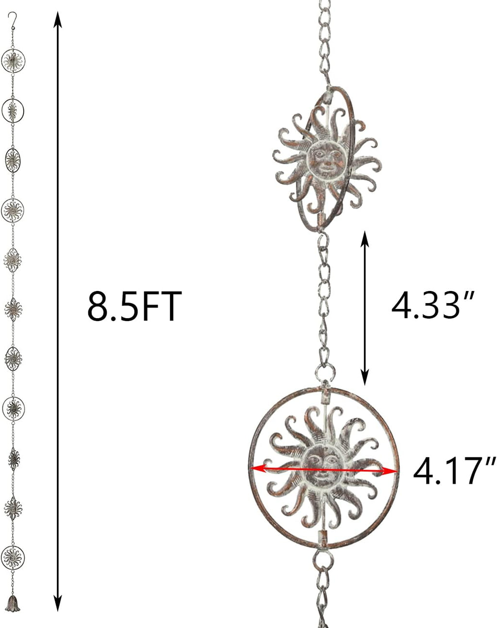 Sun Face Rain Chains, 8.5 Feet Length, Rain Gutter Chains, Functional and Decorative Replacement for Gutter Downspouts, Metal Loop Rain Catcher Chain, Rain Chains for Outside Garden Balcony Porch