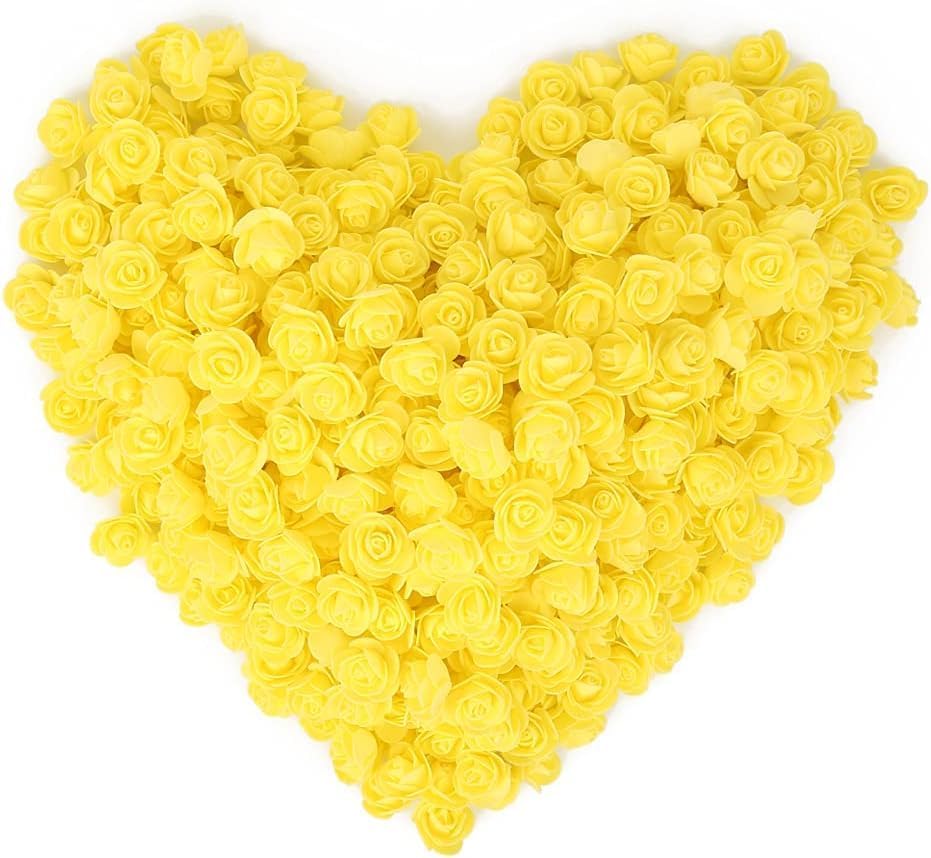 Mini Fake Rose Flower Heads 144pcs Mini Artificial Foam Roses DIY Wedding Flowers Accessories Make Bridal Hair Clips Headbands Dress (Bottom add Gauze) for Valentines Day,Wedding,Bridal (Yellow)