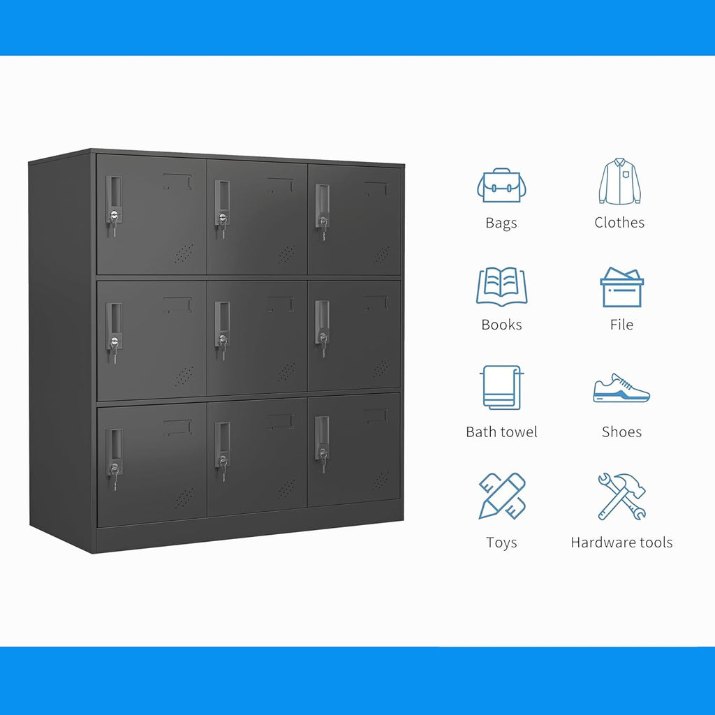 9 Door Metal Storage Locker for Employee,School,Office,Gym,Garage,Locker Cabinet with Lock and Card Slot (9 Door, Black)