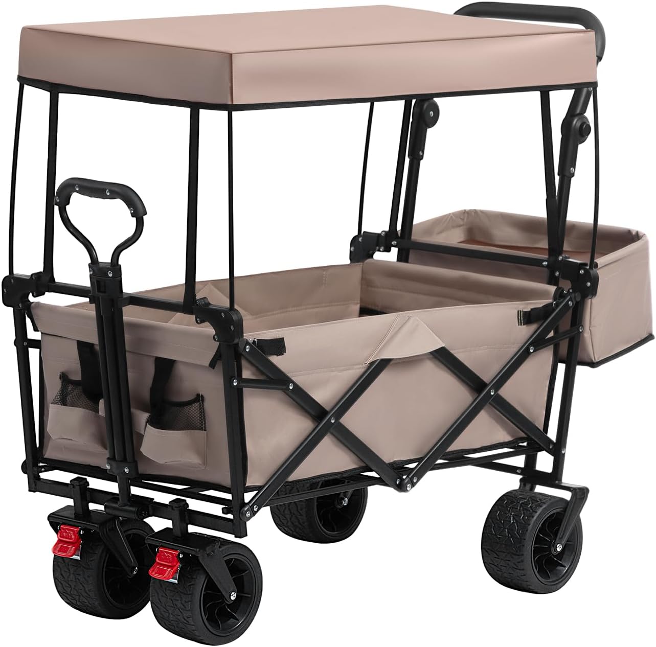 ALIMORDEN Foldable Canopy Wagon Garden Cart, Heavy Duty Outdoor Utility Collapsible Tool Cart with Removable Canopy and Big Wheels, Khaki