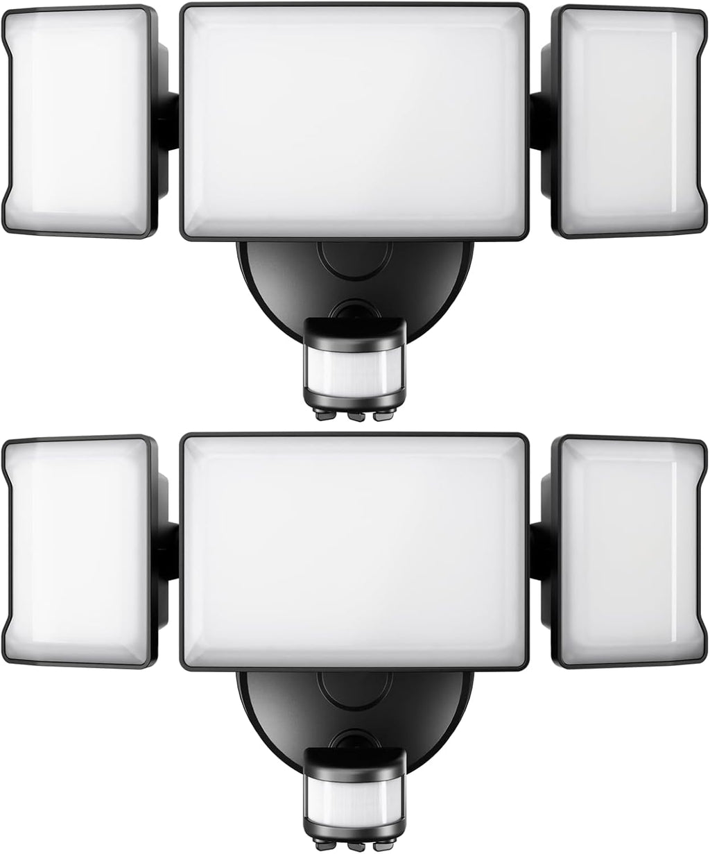 Olafus 65W Motion Sensor Outdoor Light, 2 Pack LED Security Light 6000LM, 6500K Exterior Motion Flood Light with 3 Adjustable Heads, for Outside Garage, Yard, Patio, IP65 Waterproof, Black