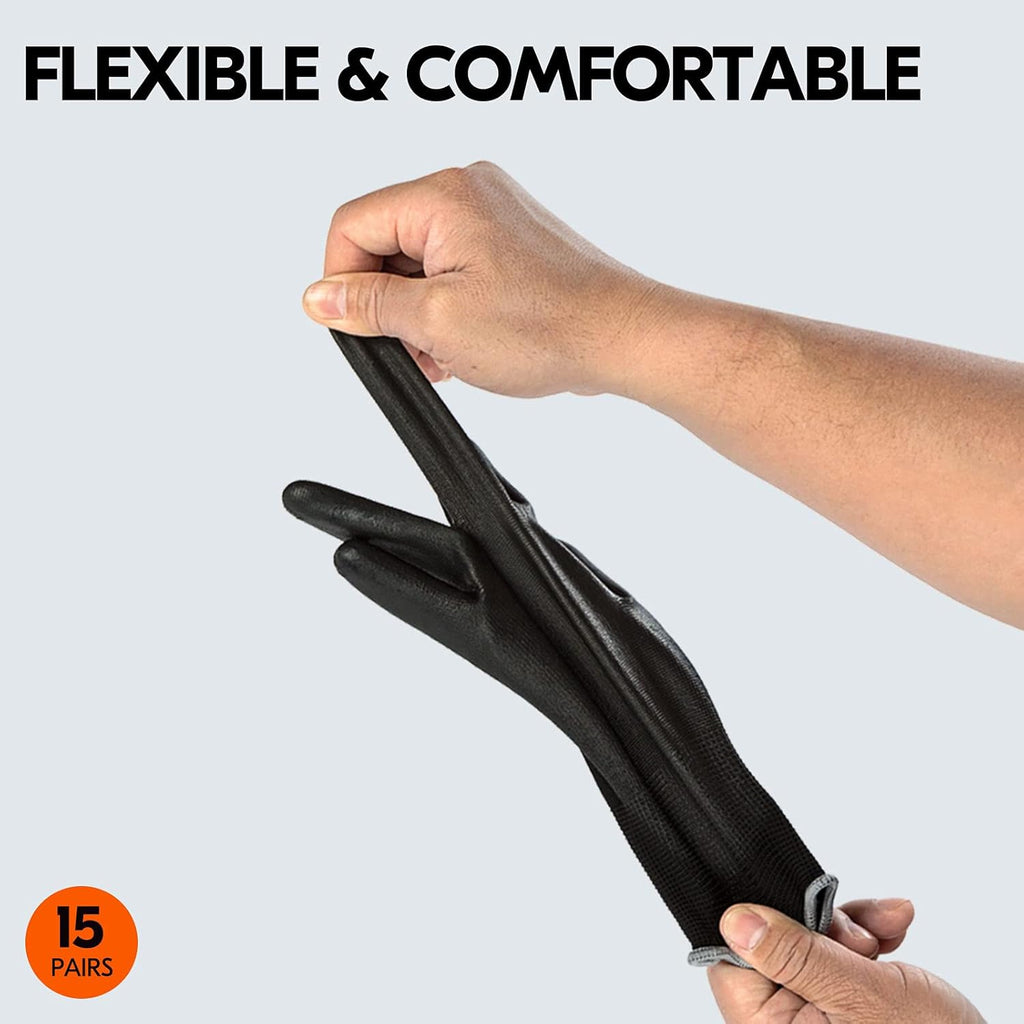 Vgo... 15-Pairs Safety Work Gloves, Gardening Gloves, Polyurethane Coated, Dipping Gloves, Latex Free (Size L, Black, PU2103)