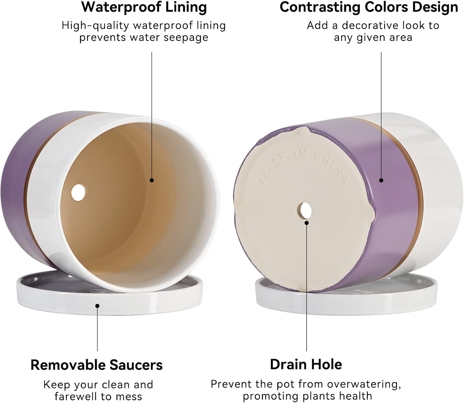 Ekirlin 5 inch Plant Pot - Ceramic Flower Planters Indoor - Modern Succulents Containers with Drain Hole Saucer, Decorate Home, Office & Outdoor (Purple)