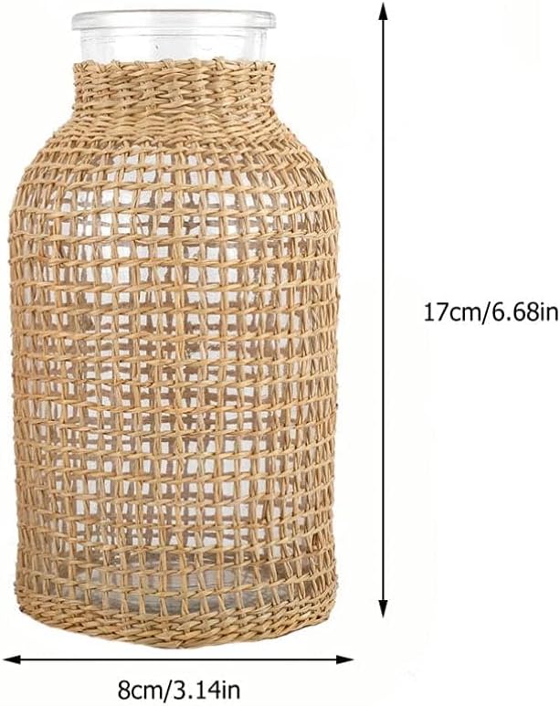 DOITOOL Glass Flower Vase With Rattan Cover, Round Decorative Woven Seagrass Farmhouse Floral Container for Arrangement Table Centerpiece Decor (Size S+L)