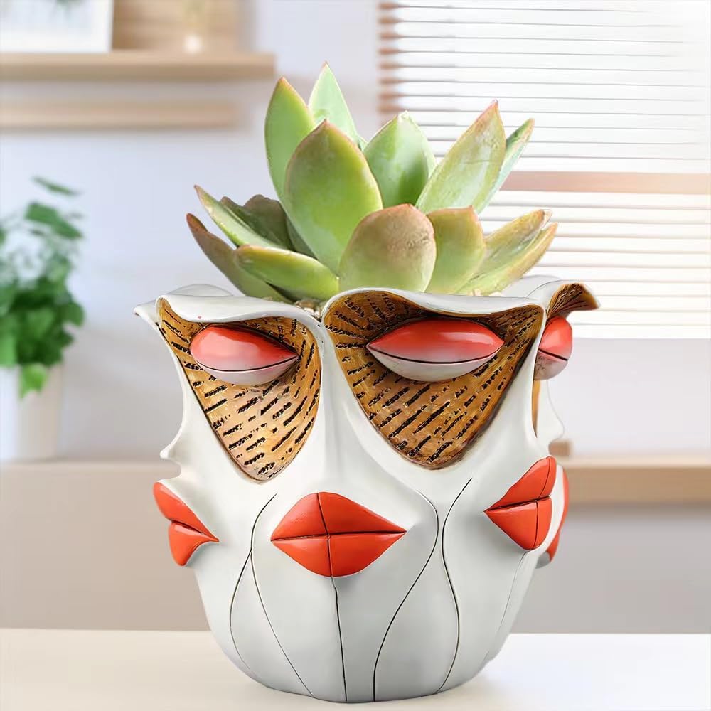TOZLU Art Abstract Face Planters Pots Head,Unique Fun Abstract Face Flower Pot Ornaments Head Planter Pots Container Colorful Face Resin Flower Pot for Home and Garden Decor(face Flower Pot)