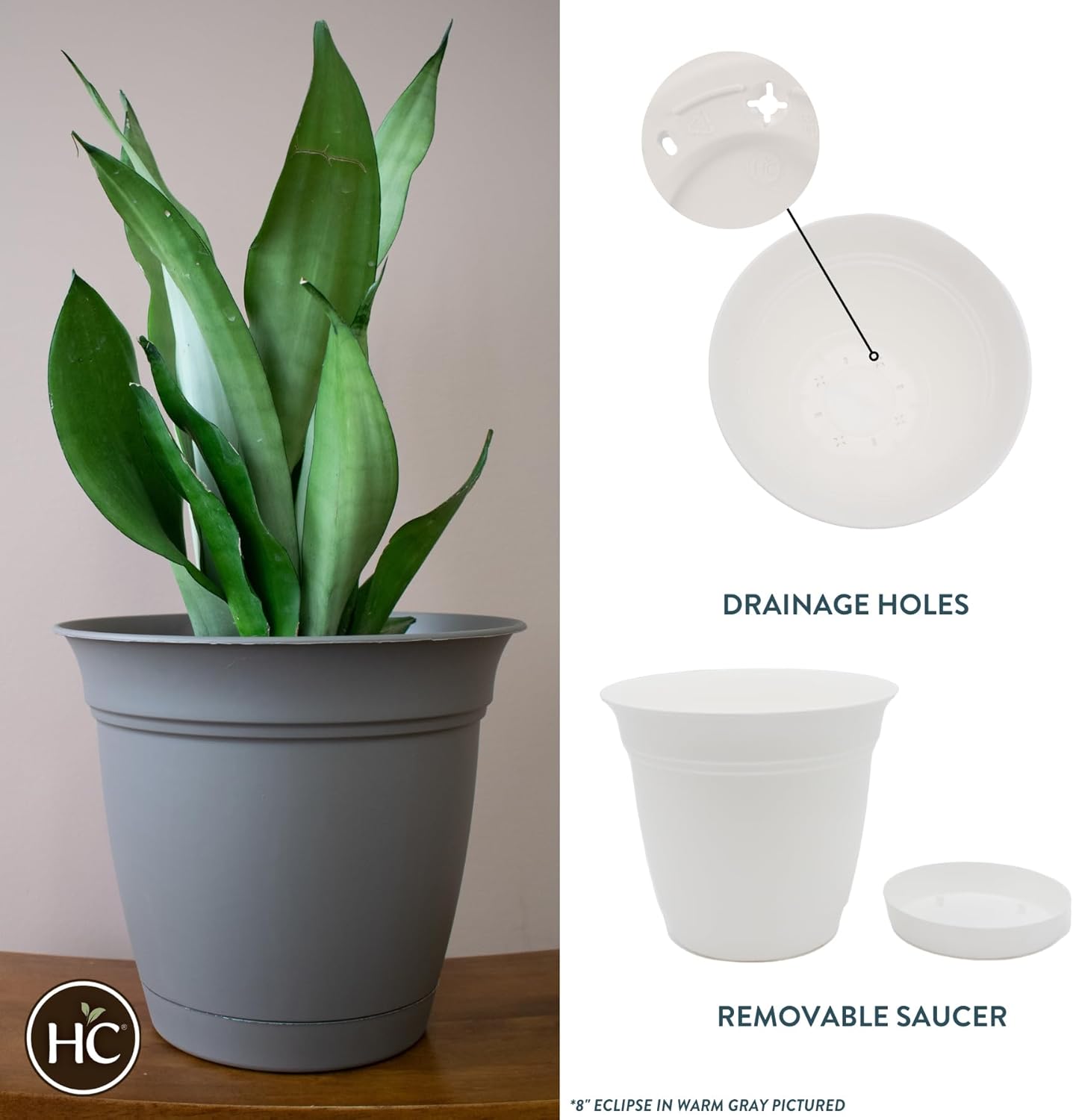 The HC Companies Eclipse Round Planter with Saucer - Outdoor & Indoor Plant Pot with Drainage Holes - Lightweight, UV-Resistant Plastic Pots for Plants, Flowers & Herbs (8" White, Pack of 6)