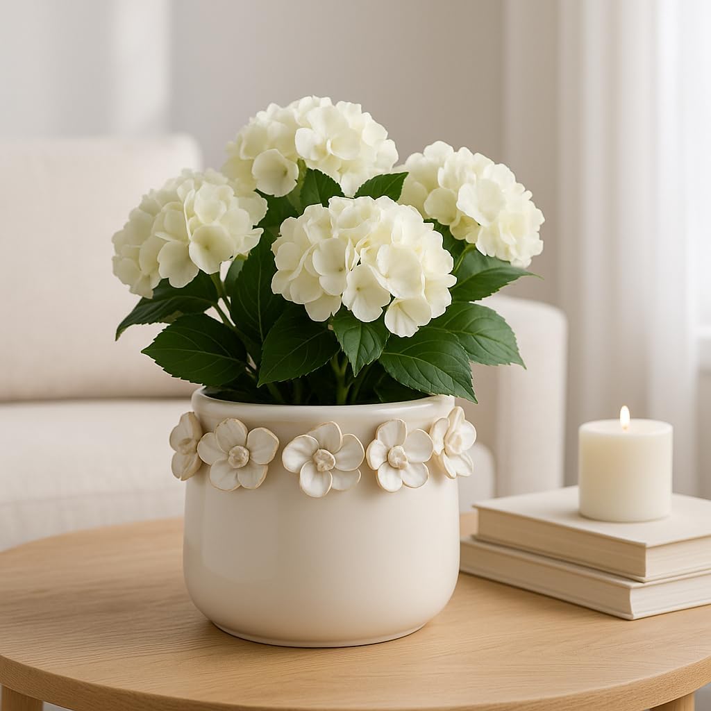 Decorative Flower Pot for Home Decor – Ceramic Indoor or Outdoor Planter with Sculpted Floral Rim for Succulents or Houseplants – Pot for Plants Perfect for Garden, Patio, or Room Decor – 5" Ivory