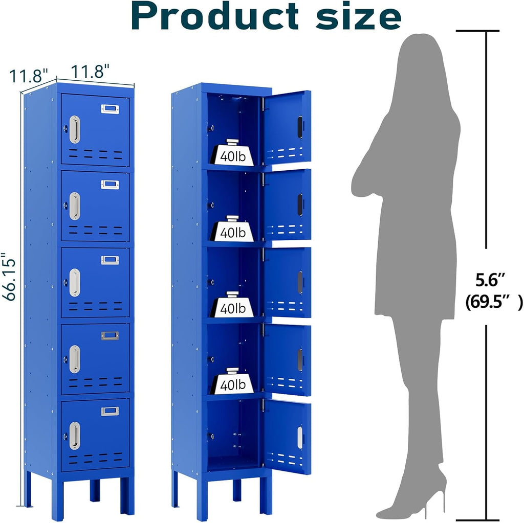 Metal Lockers - 66" Height Steel Lockers for Employees with 5 Door Storage Locker with Card Slot for Employees Gym School Home Office Garage - Assembly Required