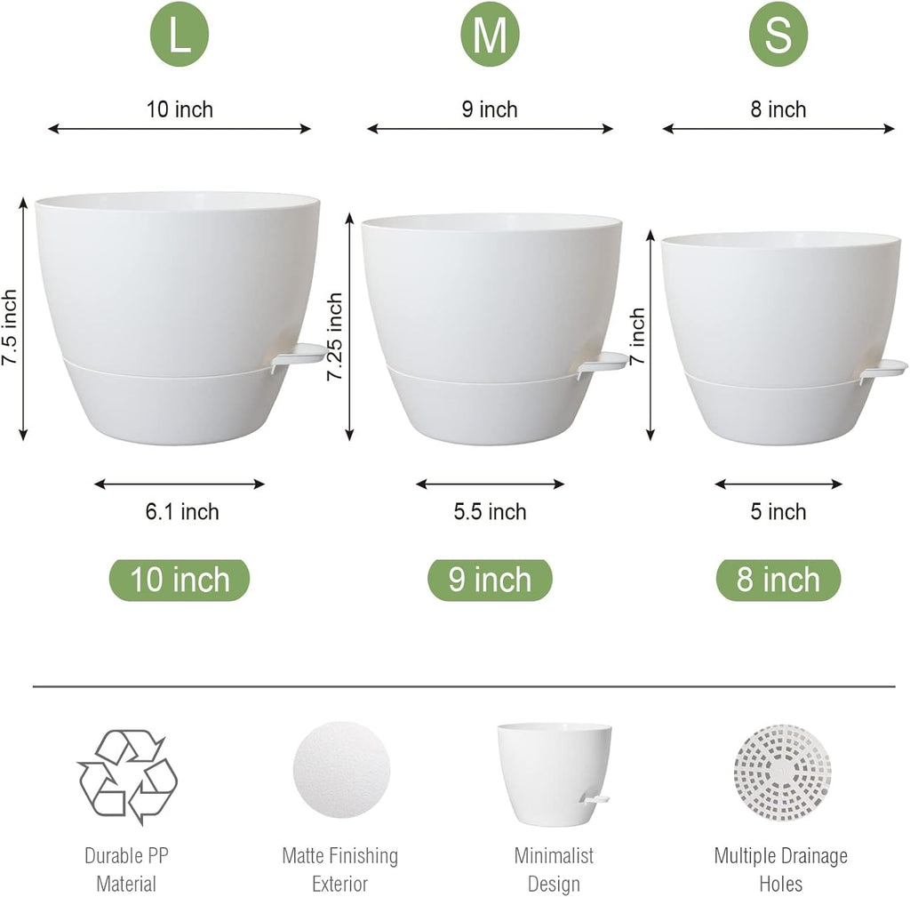 10/9/8 inch Self Watering Pots, Set of 3 Plastic Planters with Mesh Drainage Holes and Deep Reservoir for Indoor Outdoor Garden Plants and Flowers, White