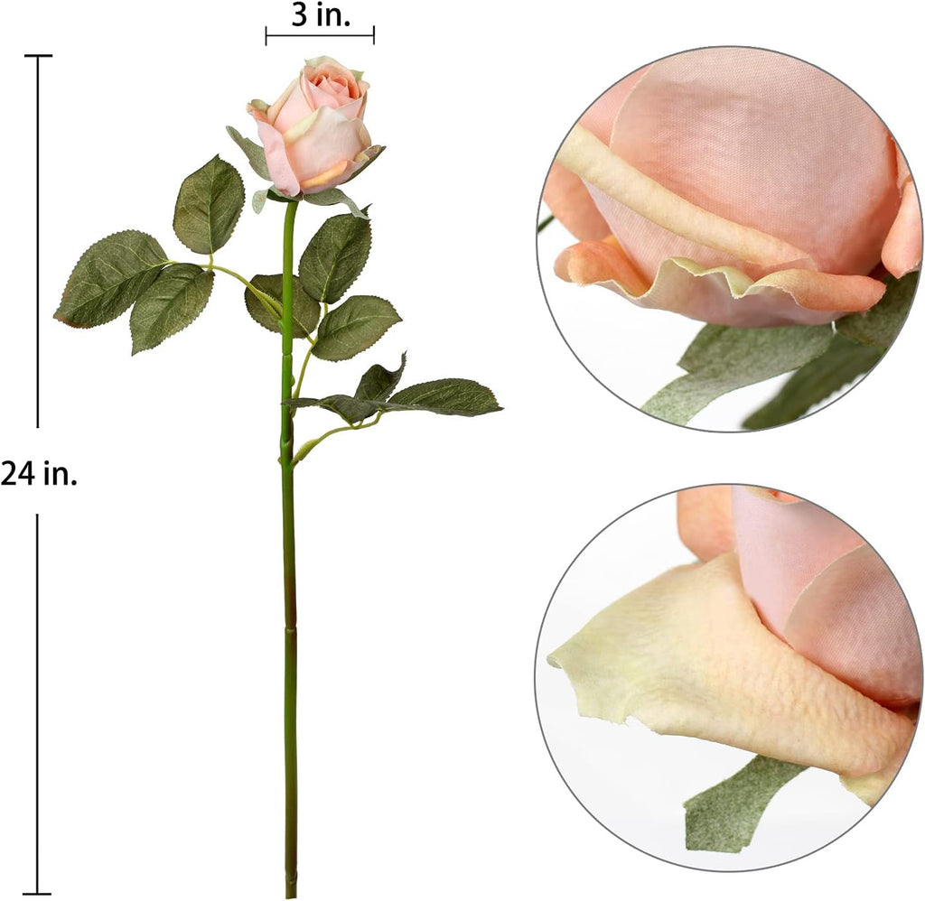 Artificial Realistic Roses Peach Flowers 24" Real Touch Silk Roses Bouquet Long Stems Rose Fake Roses Decor for Home Party Wedding Table Centerpieces Roses Realistic - 5 Pcs