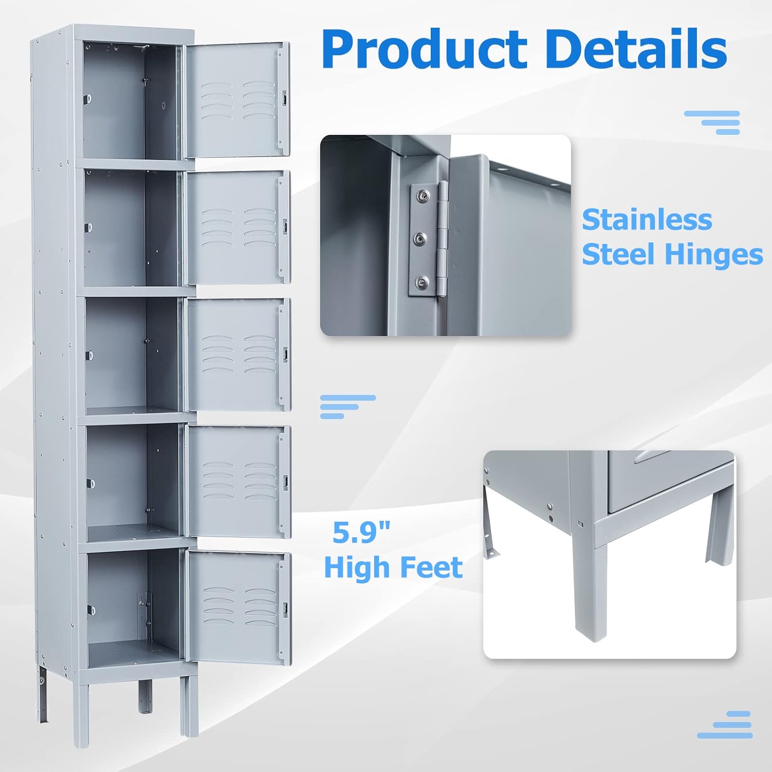 Letaya Metal Lockers, 5 Doors -66" Tall Steel Storage Cabinets Lockable for Employees, School,Gym, Home,Office,Mudroom,Industrial Lockers (Gray)