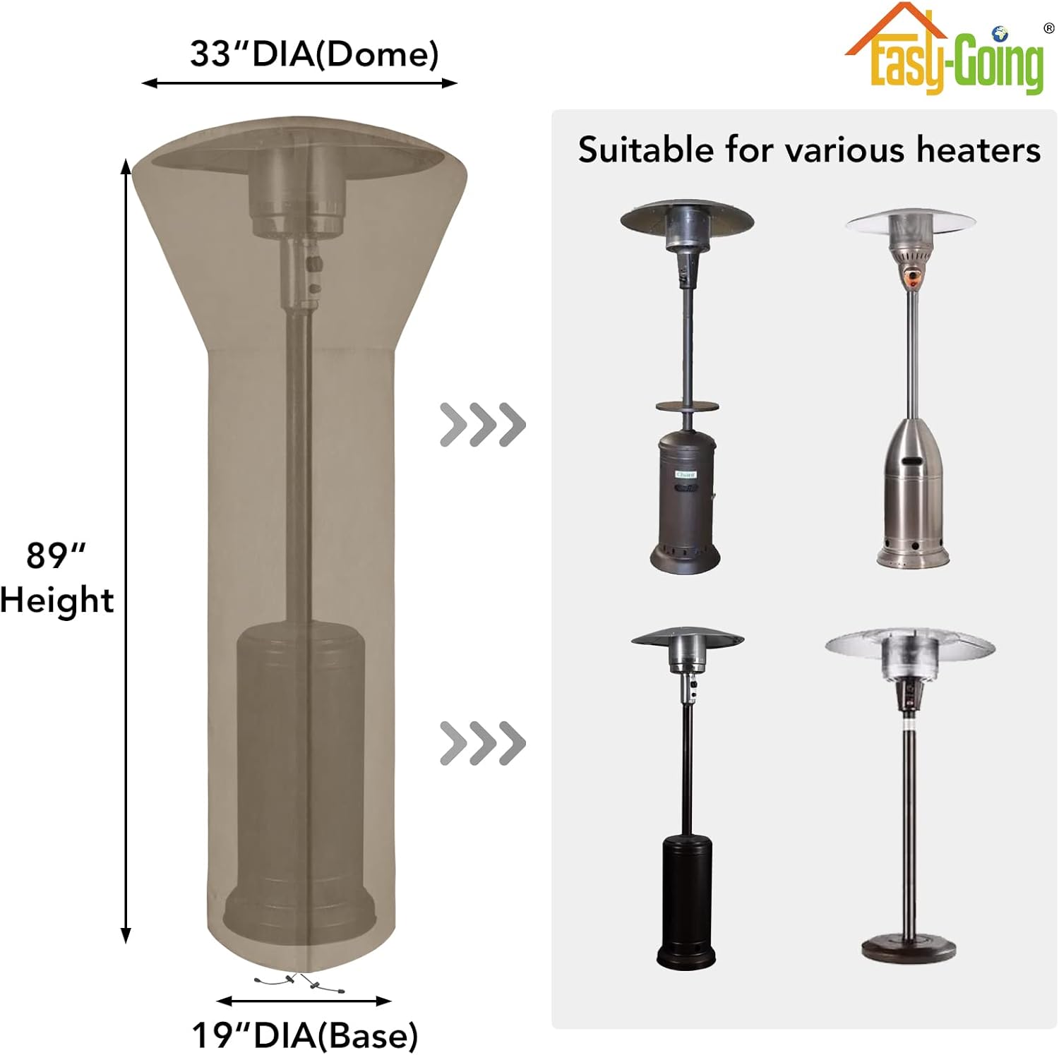 Easy-Going Patio Heater Cover with Zipper and Storage Bag, Waterproof Outdoor Heater Cover Dustproof, UV-Resisant, Wind-Resistant (89" H x 33" D x 19" B, Camel)