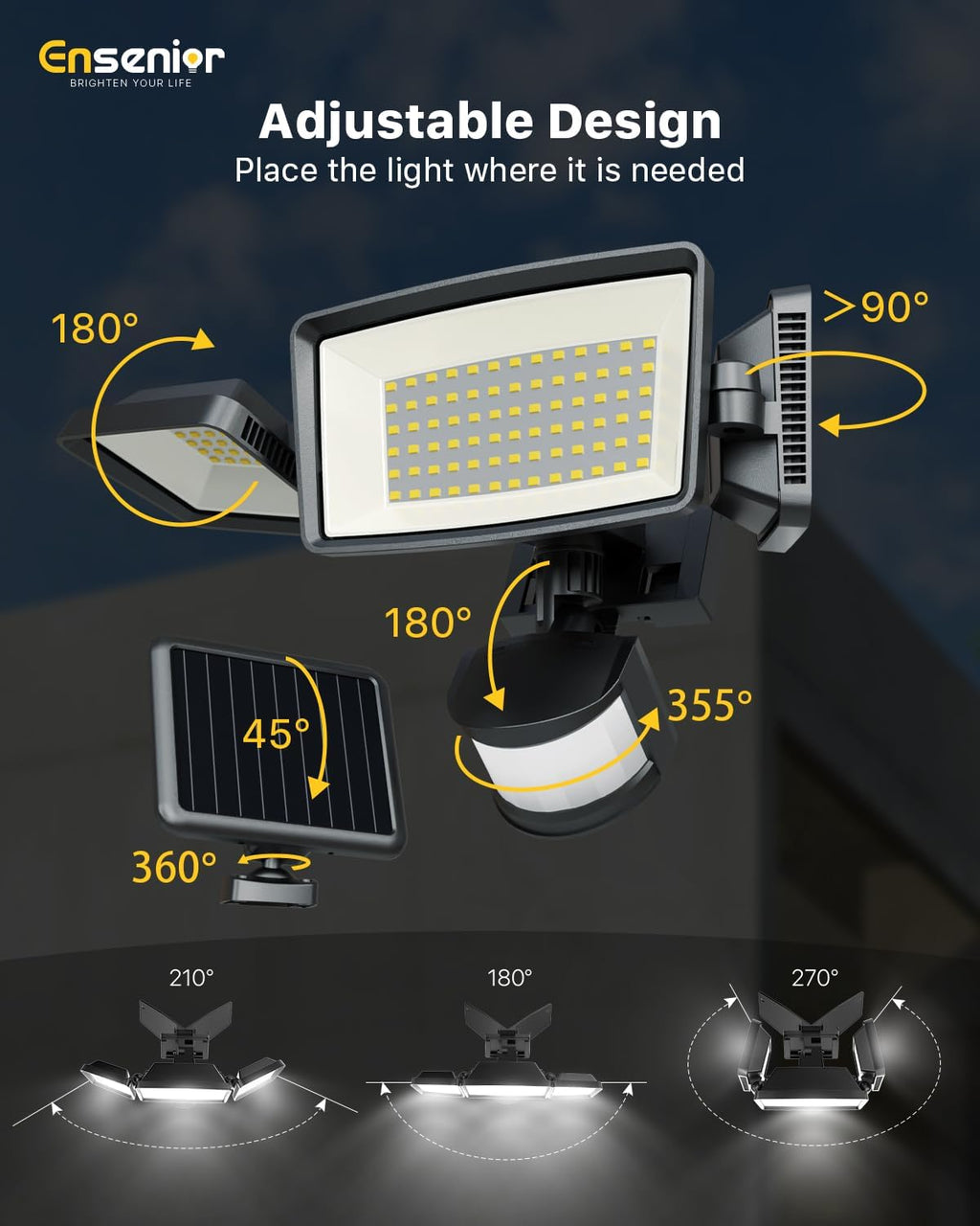 Ensenior 5 Motion Sensor Modes Solar Security Light, 1800LM 270° Wide Angle 3 Heads LED Flood Lights, IP65 Waterproof Wall Lights, Separate Solar Panel Remote Control Solar Lights Outdoor