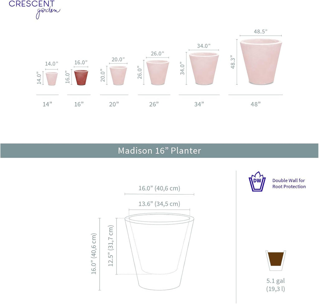 Crescent Garden Madison Planter– Weather-Resistant, Double Walled Indoor/Outdoor Plant Pot with Drain Hole – Durable All-Season Flower Container, 16" W (Mocha)